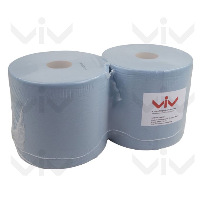 Industrieel Poetspapier, 2-laags Blauw gerecycled, 26 cm x 380 meter, 2 rollen per pak